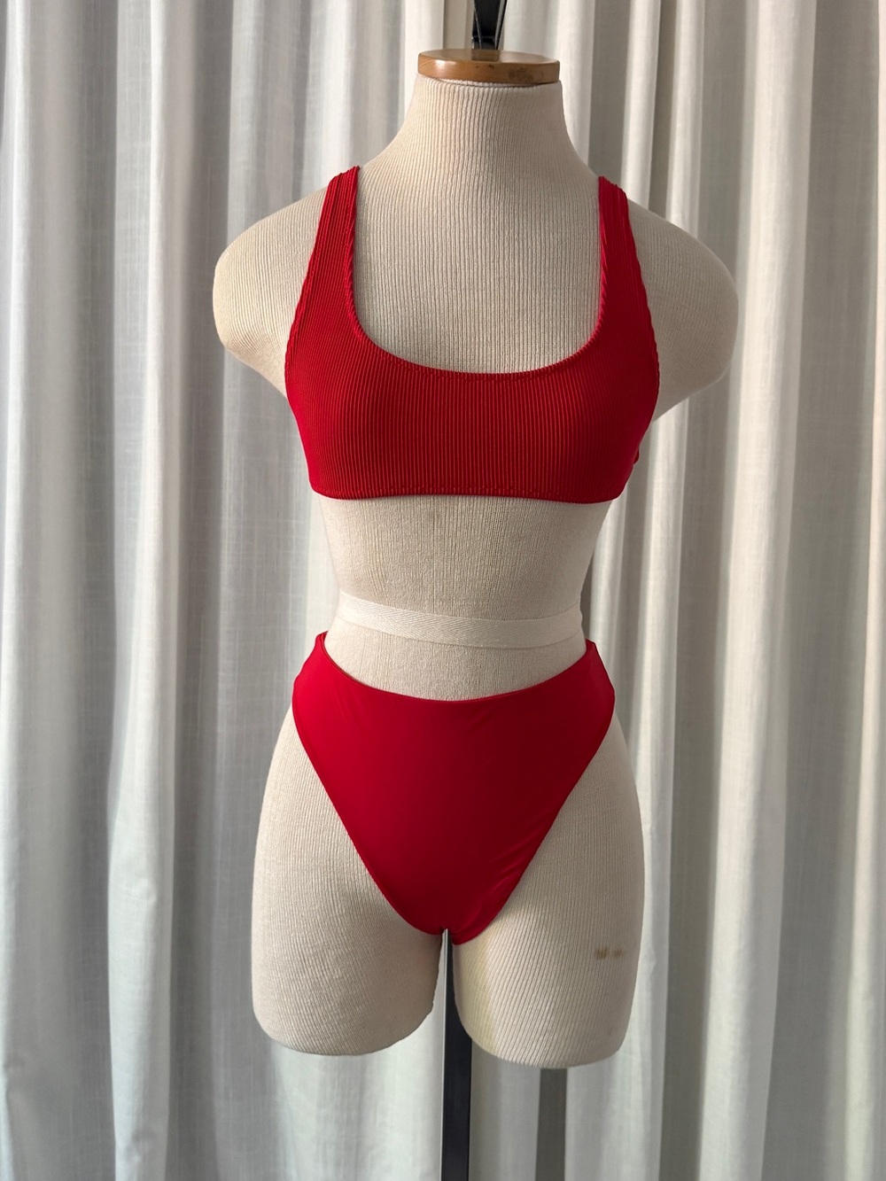 Fox Swim Red Ribbed Scoop Bikini Top & Meshki High-Waist Bottom